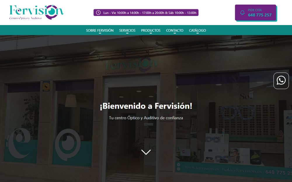 Portada de la web de Fervisión, centro óptico y auditivo, con la fachada de la tienda y un botón para pedir cita